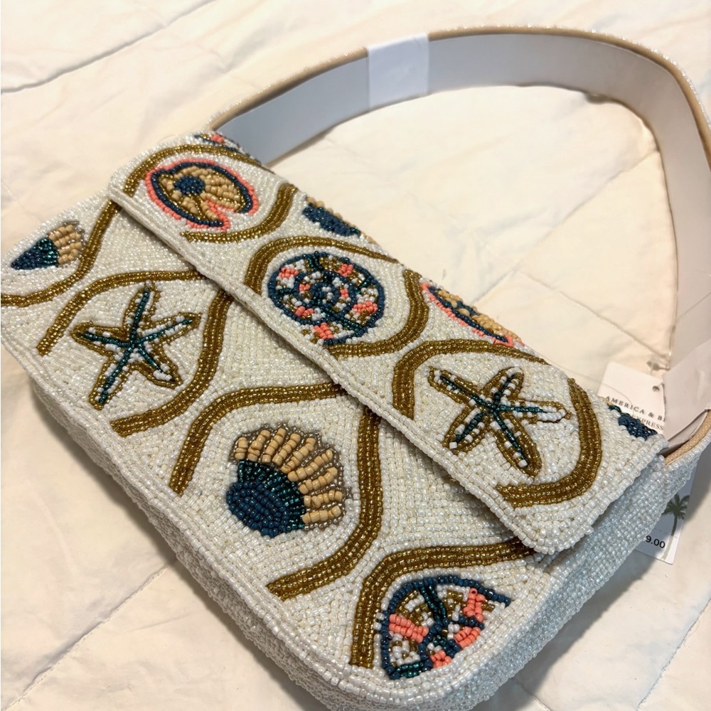 Coastal Beaded Shoulder Bag Seashell Starfish Beach Statement Purse